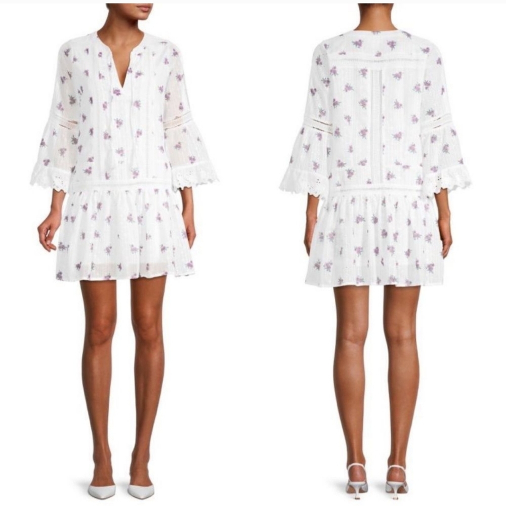 Allison New York White&Purple Embroidered Drop-Waist Mini Dress Size M Feminine